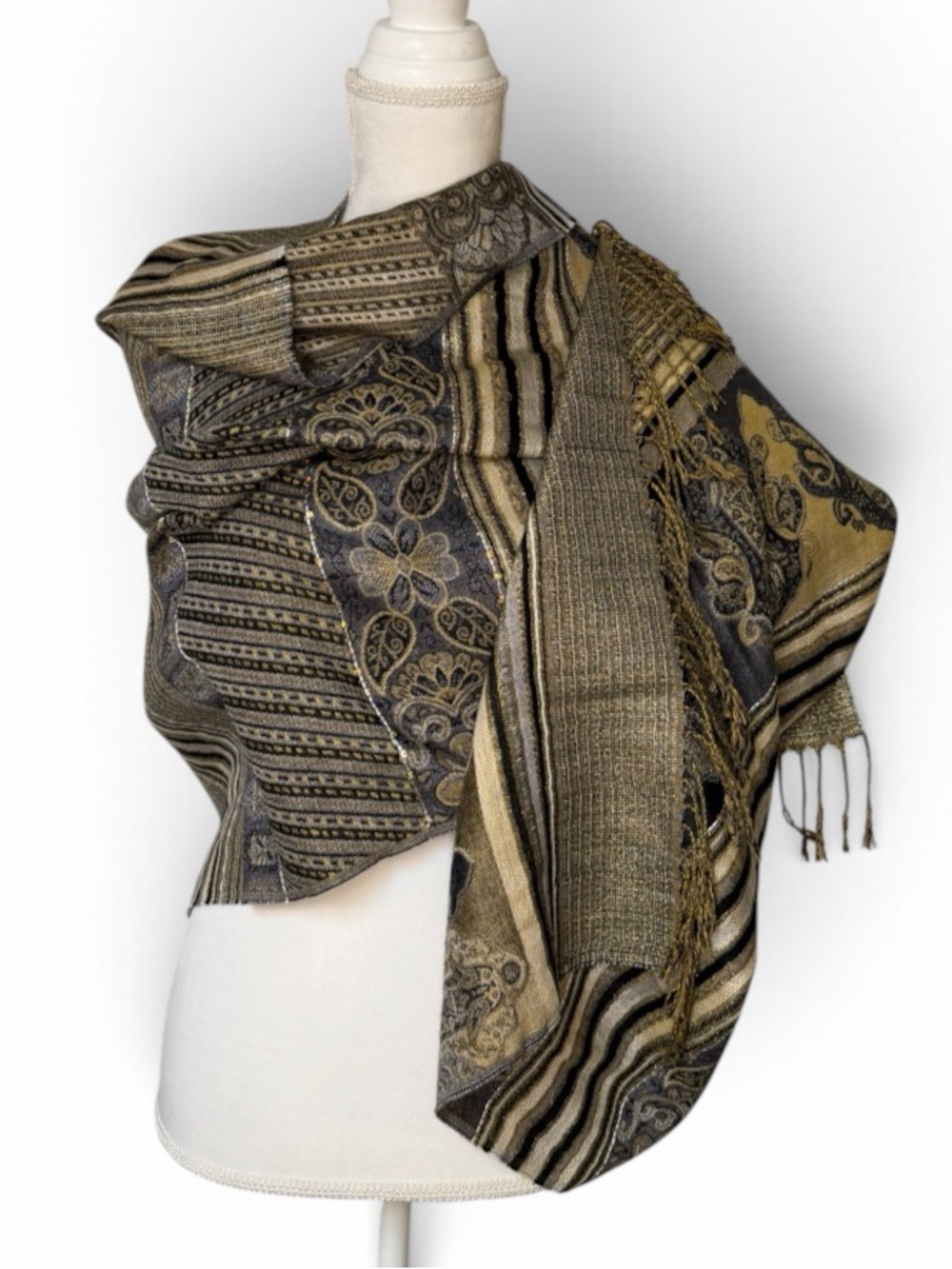 Striped and Patterned Shawl With Silver and Gold Thread 27x 70 Inches